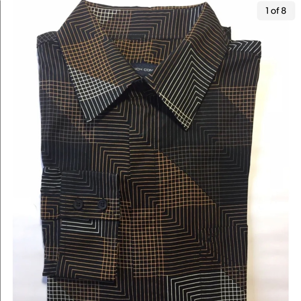 French Connection Long Sleeve Dress Shirt Black Brown Geometric Print M